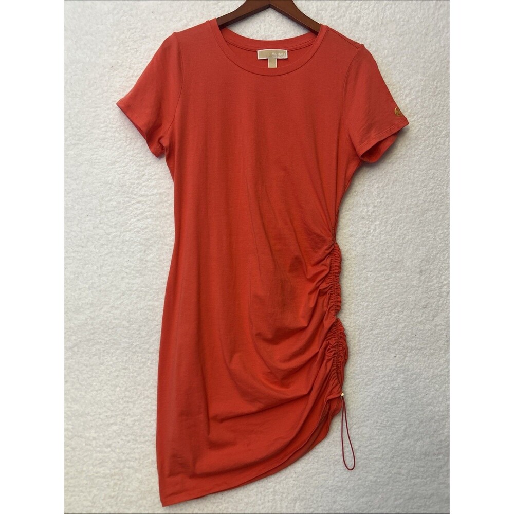 Michael Kors CORAL ORANGE Ruched Side With Gold Accents Summer Casual Mini Dress